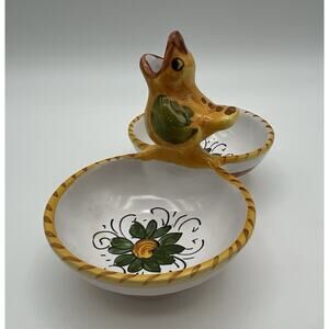 Fratelli Mari DERUTA Double Floral Bowl Server w Bird Toothpick Holder Italy